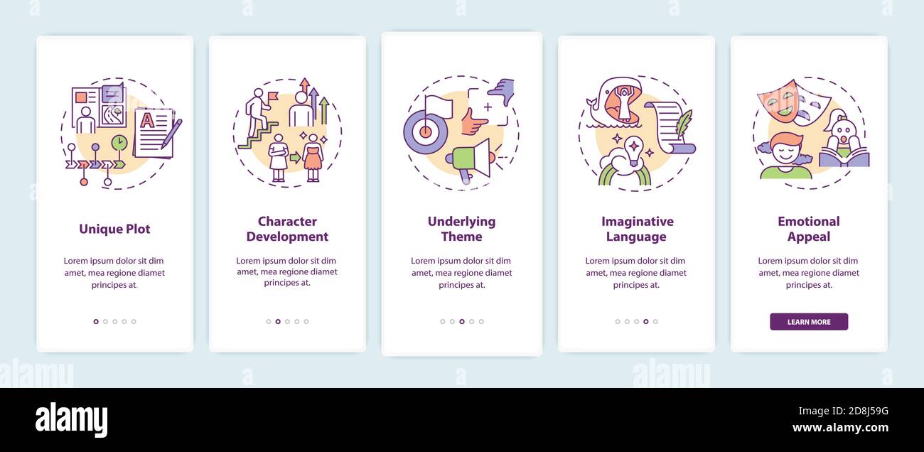 Creative writing elements onboarding mobile app page screen with concepts Stock Vector