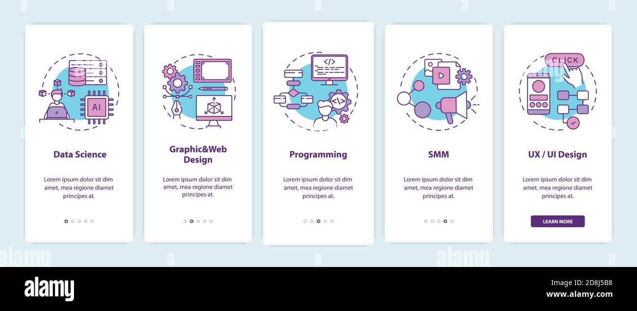 Top careers in IT for creative thinkers onboarding mobile app page screen with concepts Stock Vector