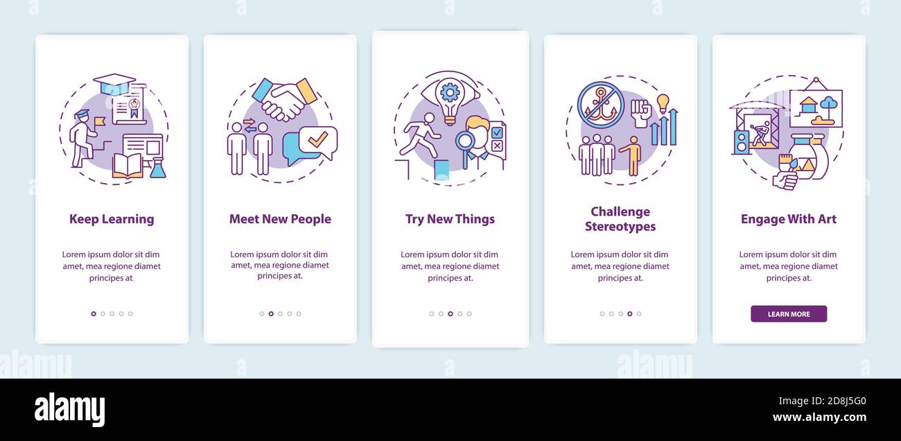 Boosting creative thinking tips onboarding mobile app page screen with concepts Stock Vector