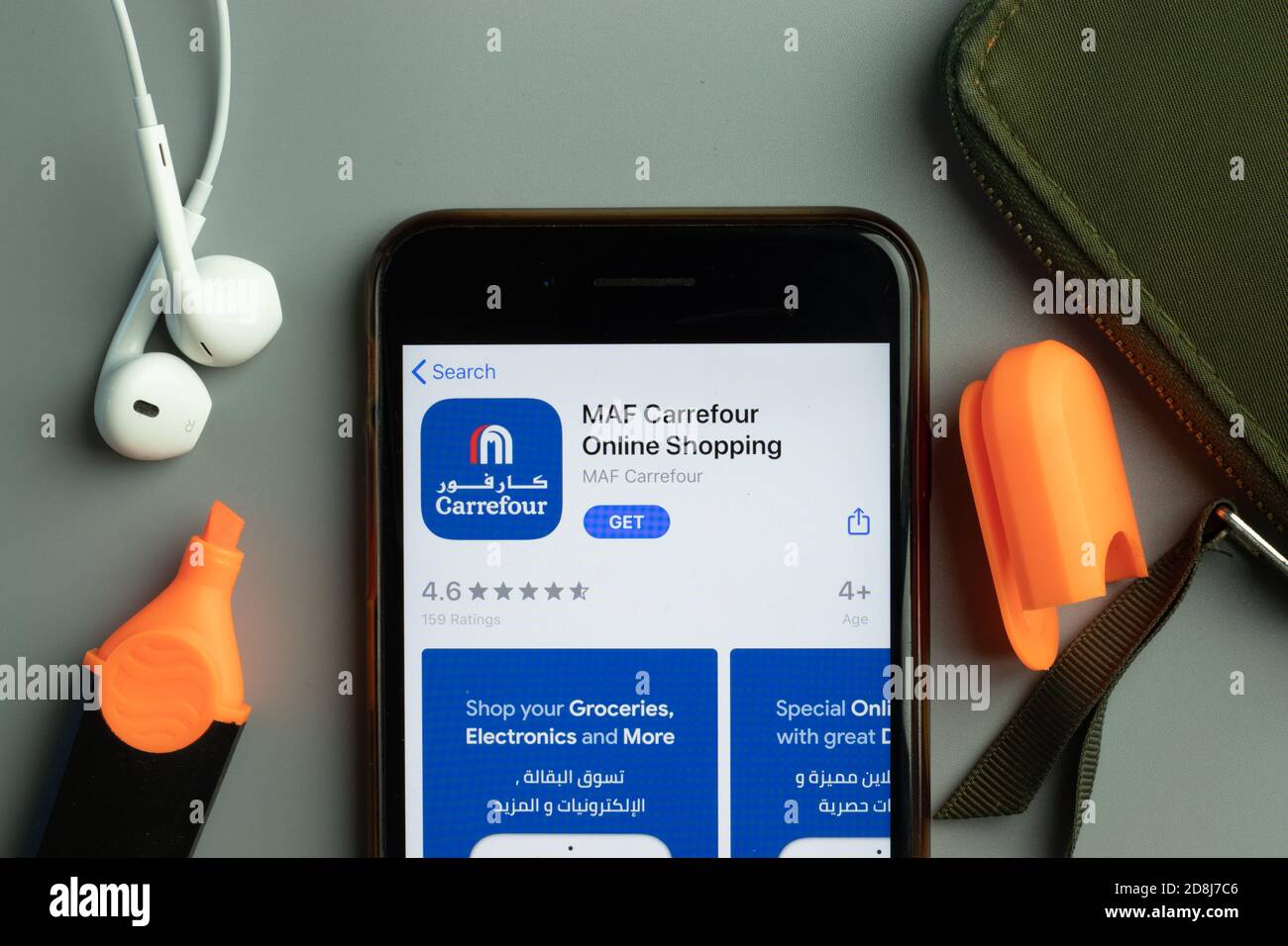 New York, USA - 26 October 2020: MAF Carrefour Online Shopping mobile app icon logo on phone screen close-up, Illustrative Editorial Stock Photo