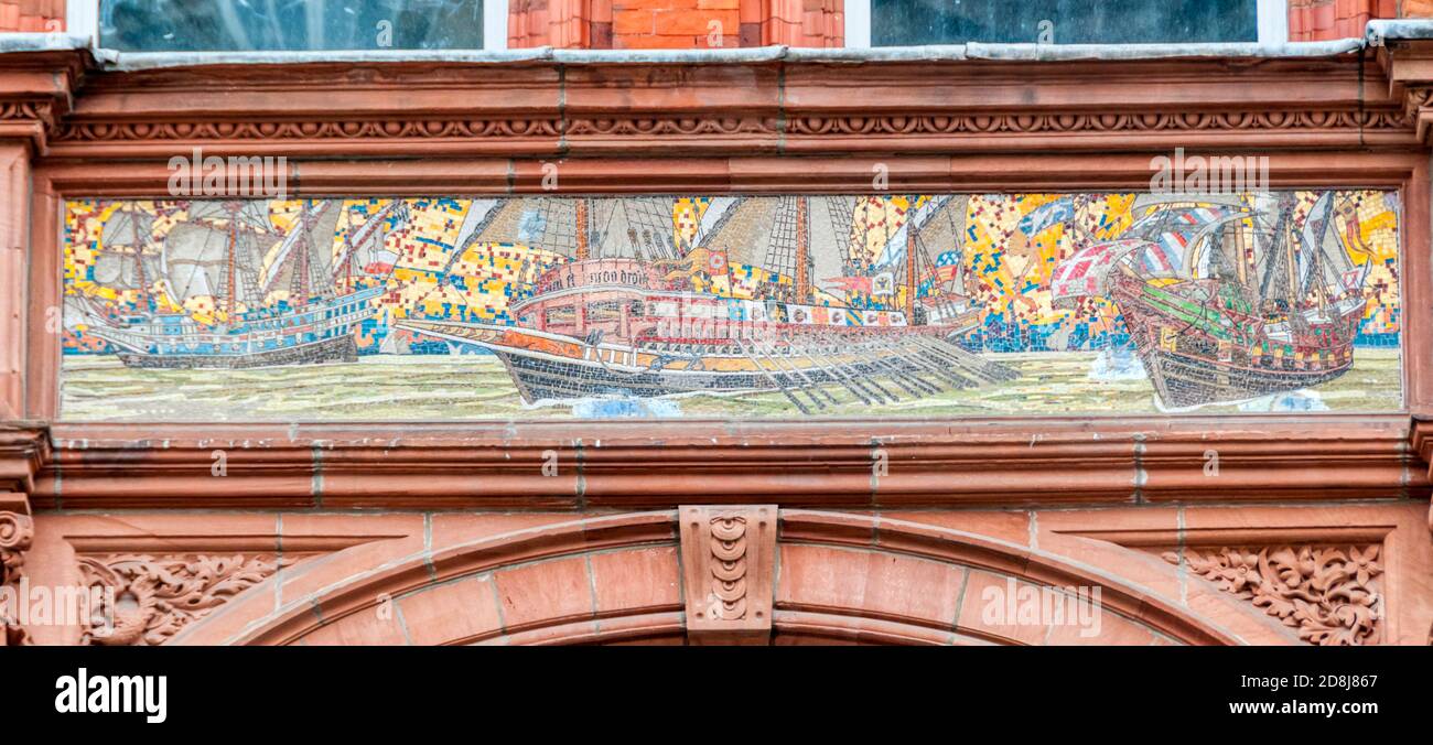 Mosaic on the former British and Foreign Marine Insurance Company in Liverpool.  Mosaic by Frank Murray, 1889. Stock Photo