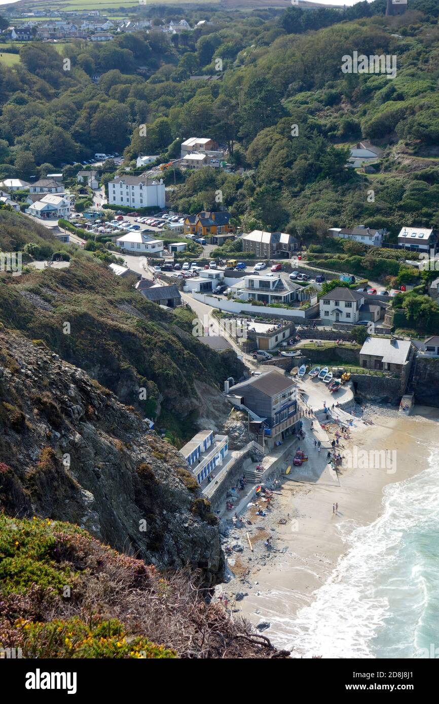Aerial View of St Agnes Town Seafront & Trevaunance Cove, North Cornwall, England, UK in September Stock Photo