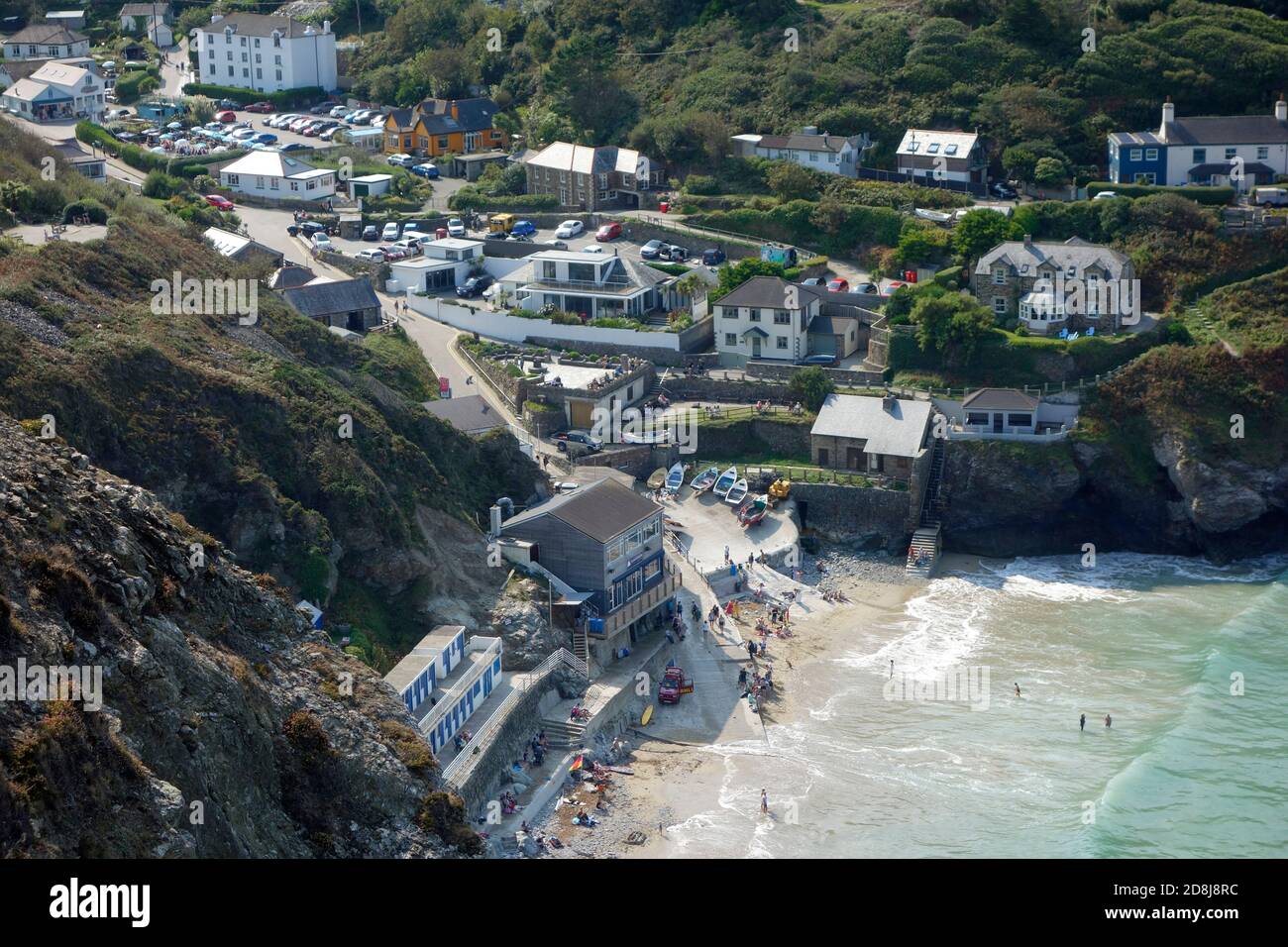 Aerial View of St Agnes Town Seafront & Trevaunance Cove, North Cornwall, England, UK in
