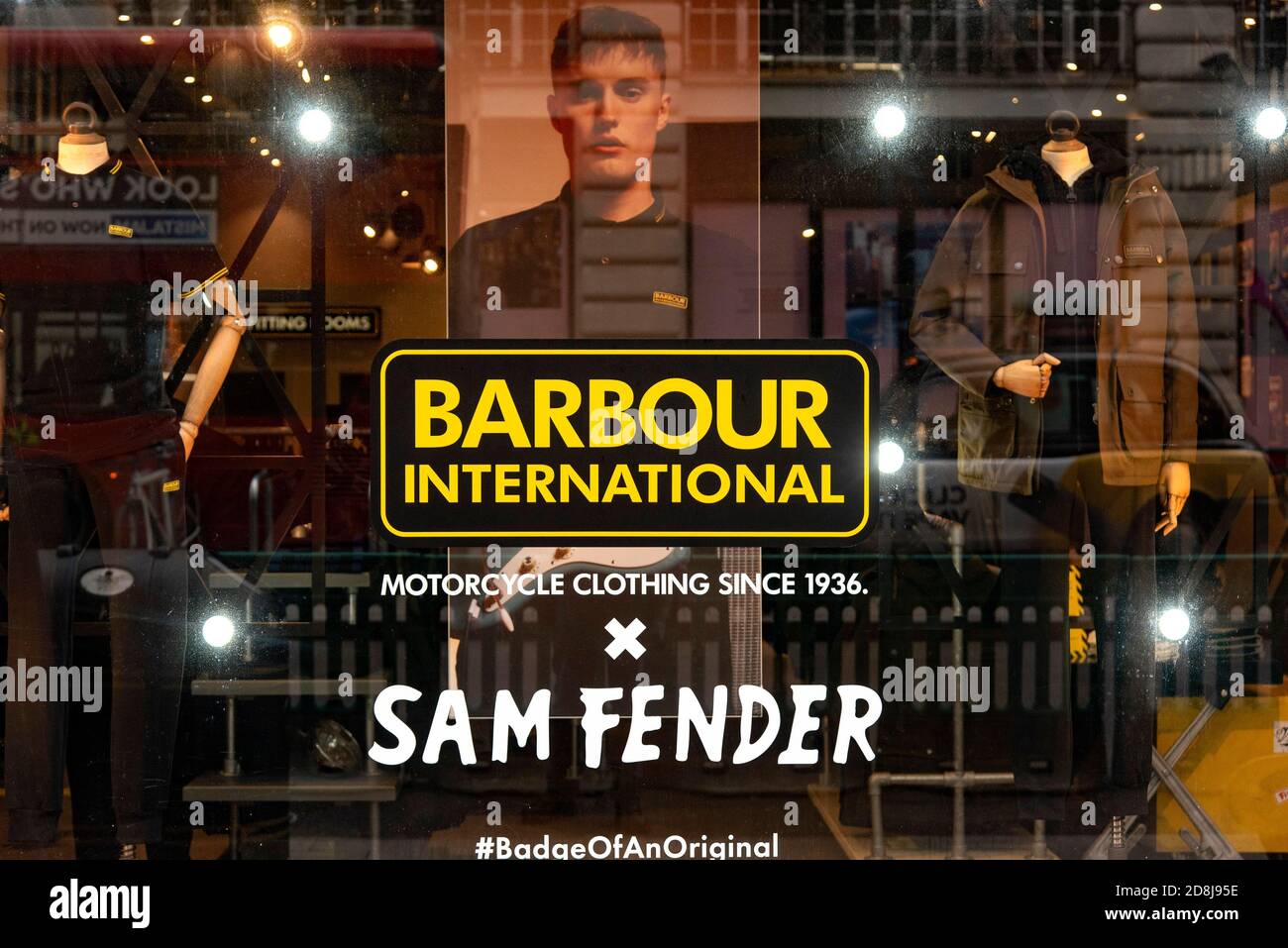 Branding at the Barbour shop window in Piccadilly for the Barbour  International x Sam Fender Edit range of their clothing Stock Photo - Alamy