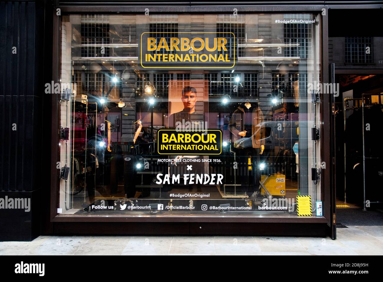 Branding at the Barbour shop window in Piccadilly for the Barbour  International x Sam Fender Edit range of their clothing Stock Photo - Alamy