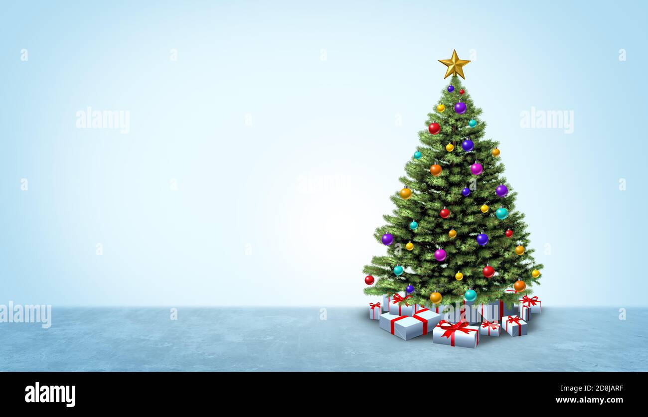 Christmas banner banner as an evergreen tree with decorations and gifts as a horizontal winter holiday seasonal symbol of  a December celebration. Stock Photo