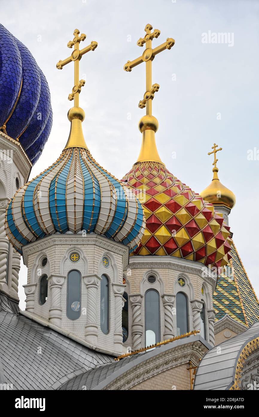 = Colorful Carved Porcelain Domes  =  Beautiful porcelain onion-shaped domes topped with crosses of the Church of Blessed Grand Prince Igor of Chernig Stock Photo