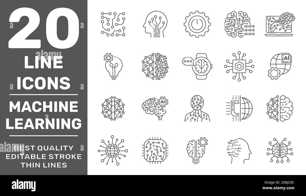 Modern thin line icons set of data science technology, machine learning process. Premium quality outline symbol collection. Editable Stroke. EPS 10 Stock Vector