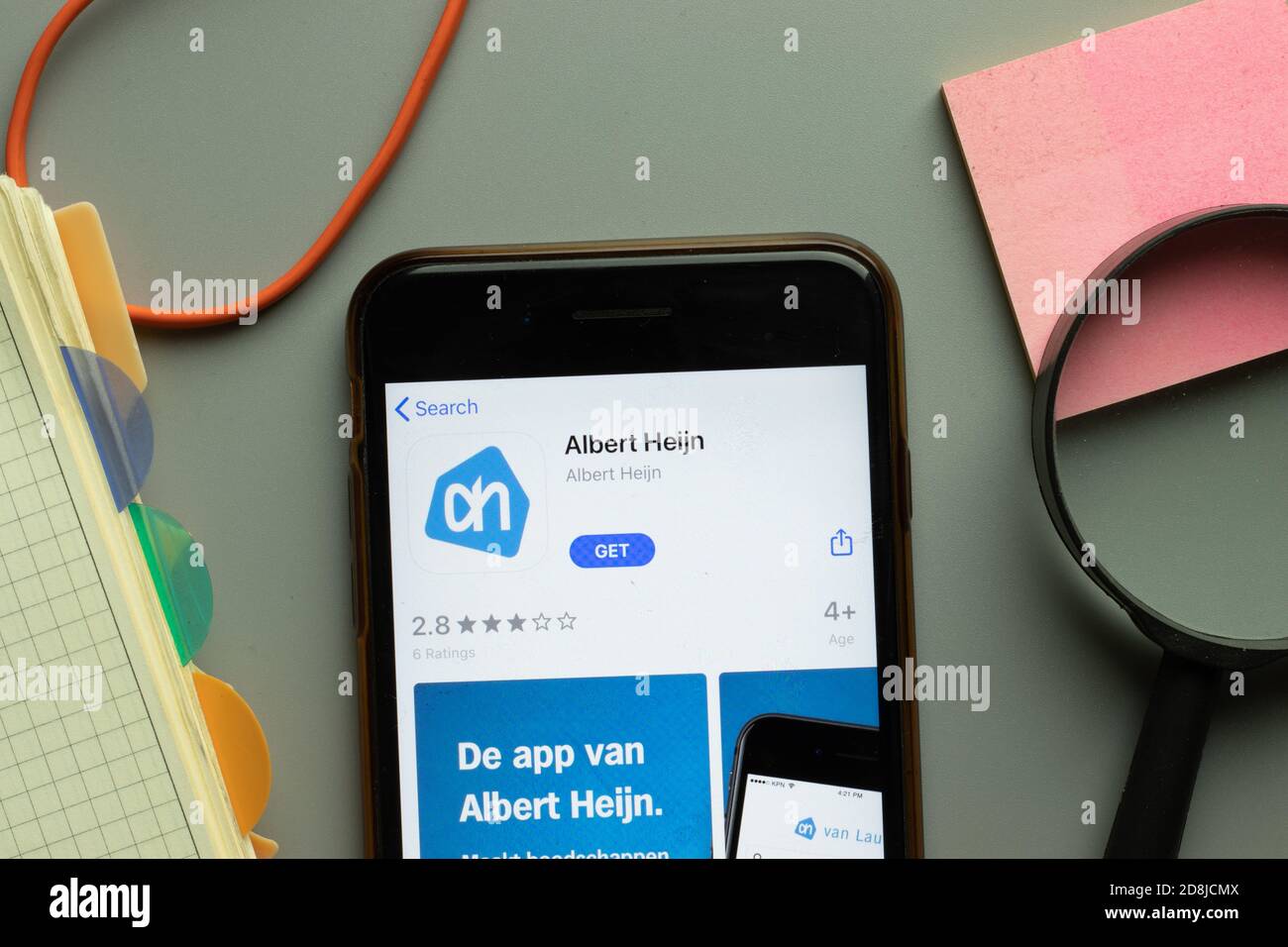 New York, USA - 26 October 2020: Albert Heijn mobile app logo on phone screen close up, Illustrative Editorial Stock Photo