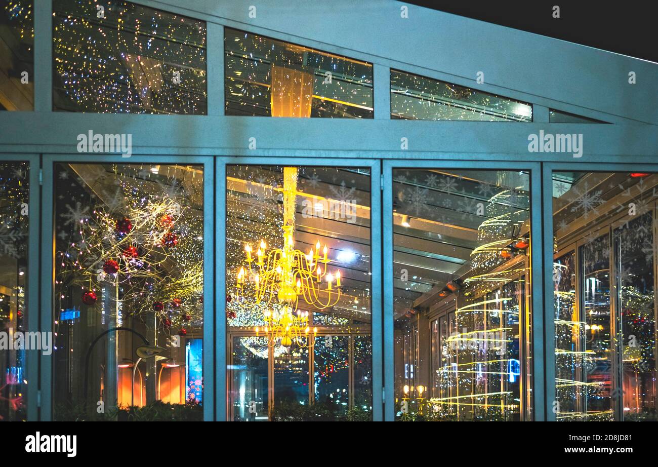 Christmas lights in the window at night Stock Photo Alamy