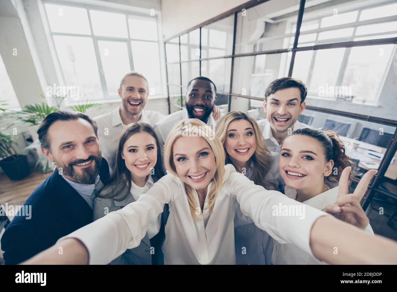 Photo of positive man woman business sharks have crisis company growth plan briefing online blogging make selfie wear formal outfit in workplace Stock Photo