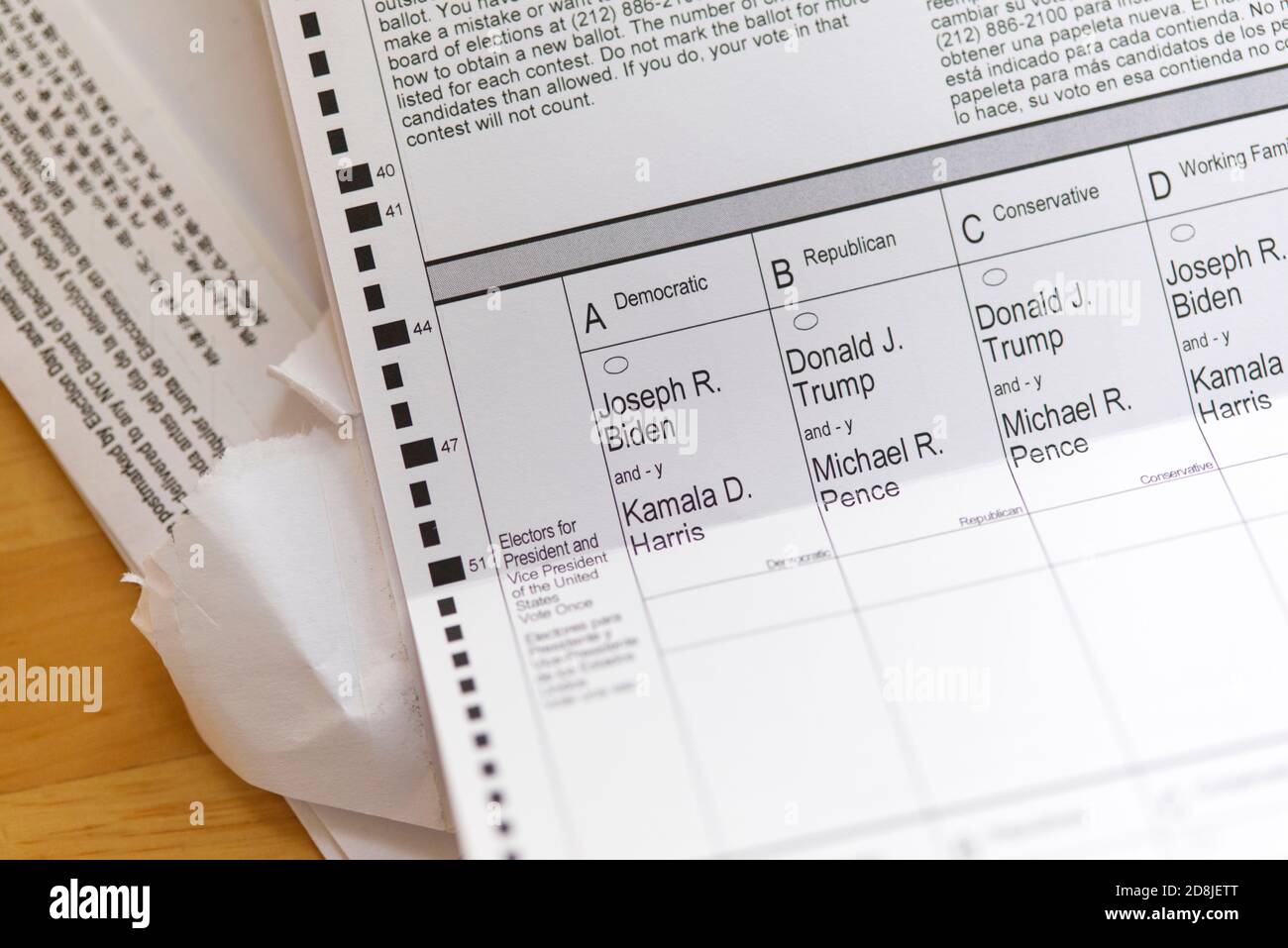 Close-up view of a New-York State absentee ballot for the 2020 Presidential elections, Friday October 30th, 2020, New York City, NY USA. Stock Photo