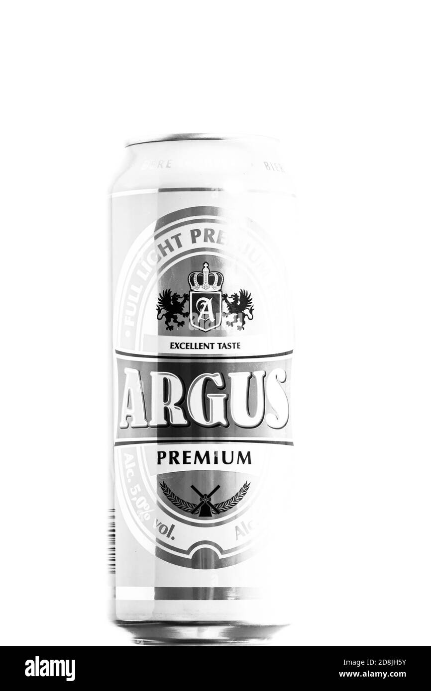 Argus Premium Lager beer. Lild supermarket own brand beer. Studio photo shoot in Bucharest, Romania, 2020 Stock Photo