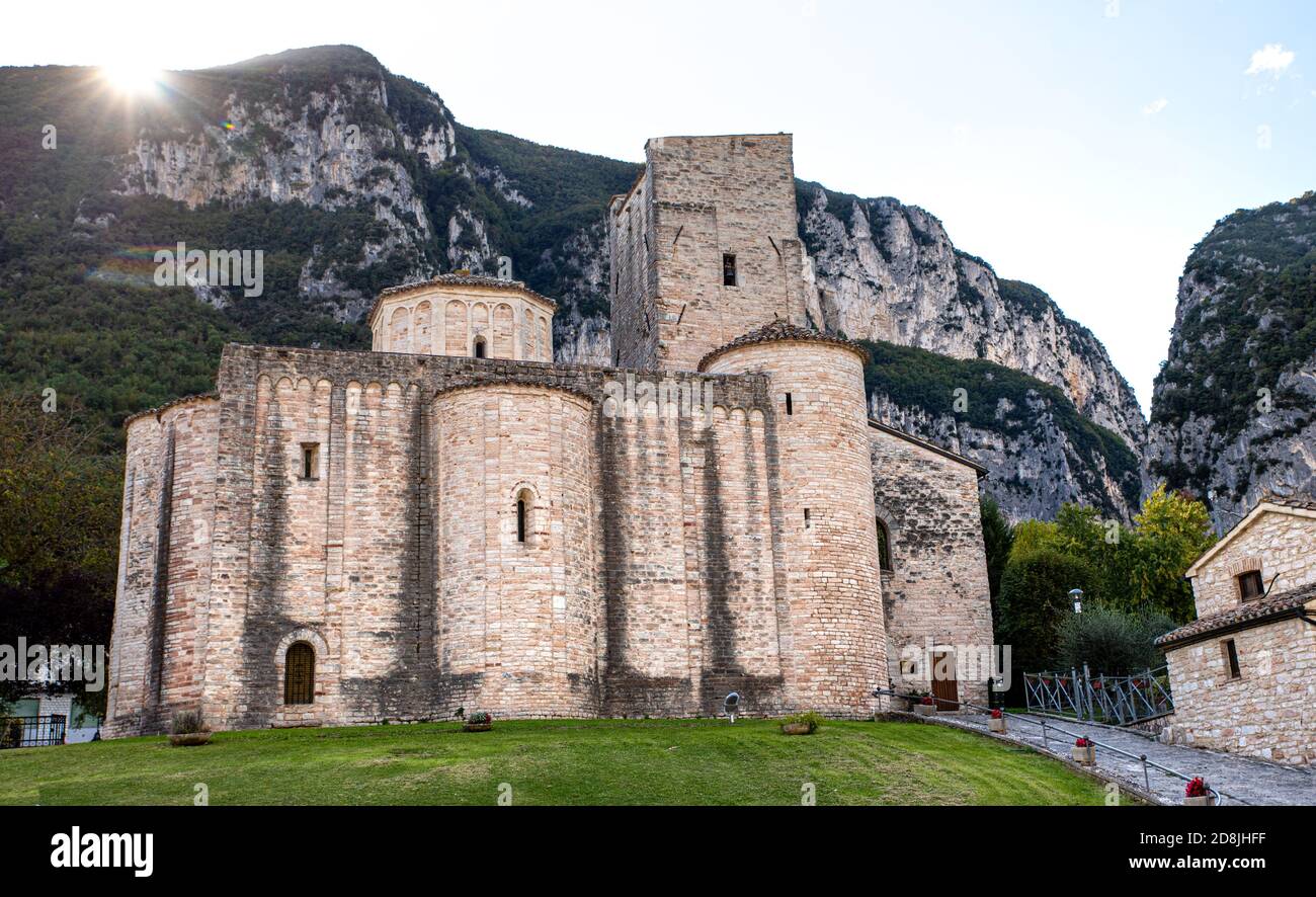 San Vittore alle Chiuse. Abbey and Roman Catholic church near the Frasasssi caves. Genga, Italy Stock Photo