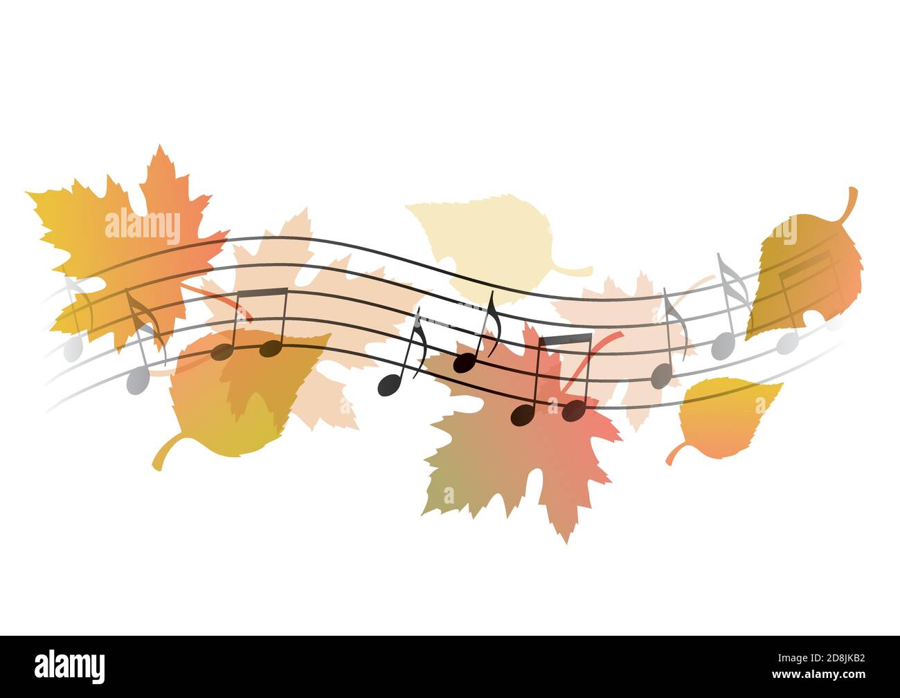 Autumn melodies, musical notes Illustration of wavy music notation with autumn leaves symbolizing autumn song. Vector available. Stock Vector