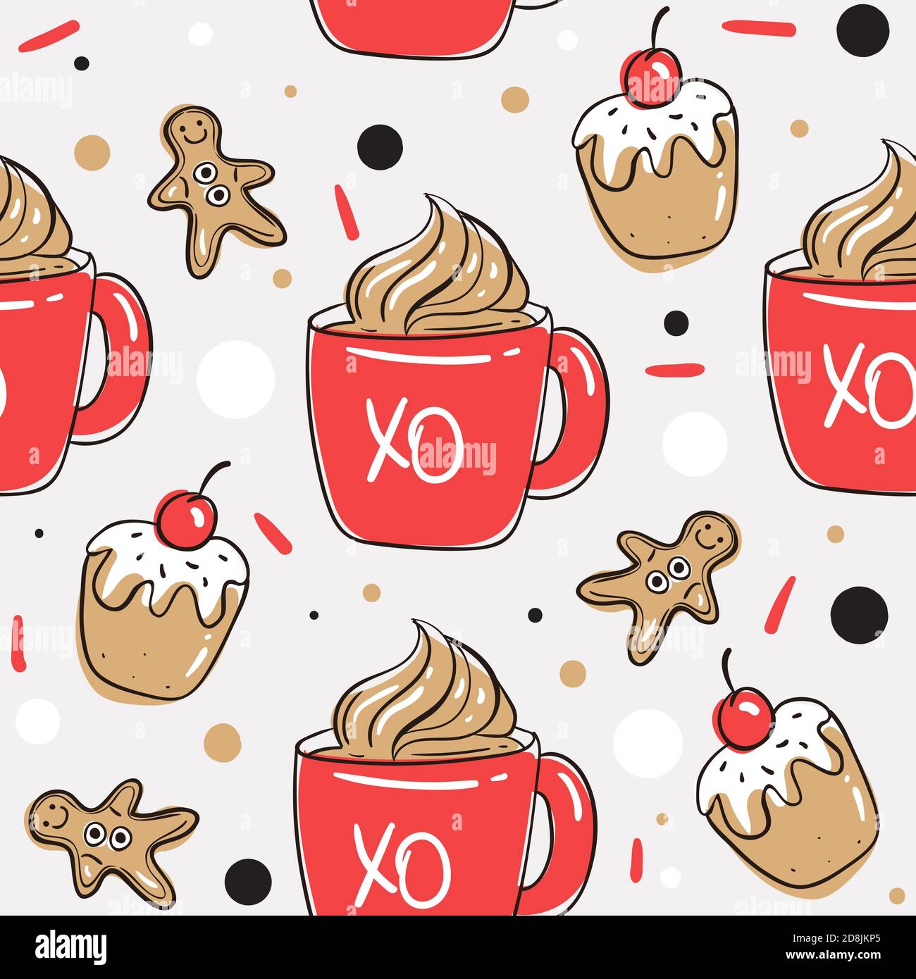 Seamless pattern with coffee cup and dessert. Christmas background. Stock Vector