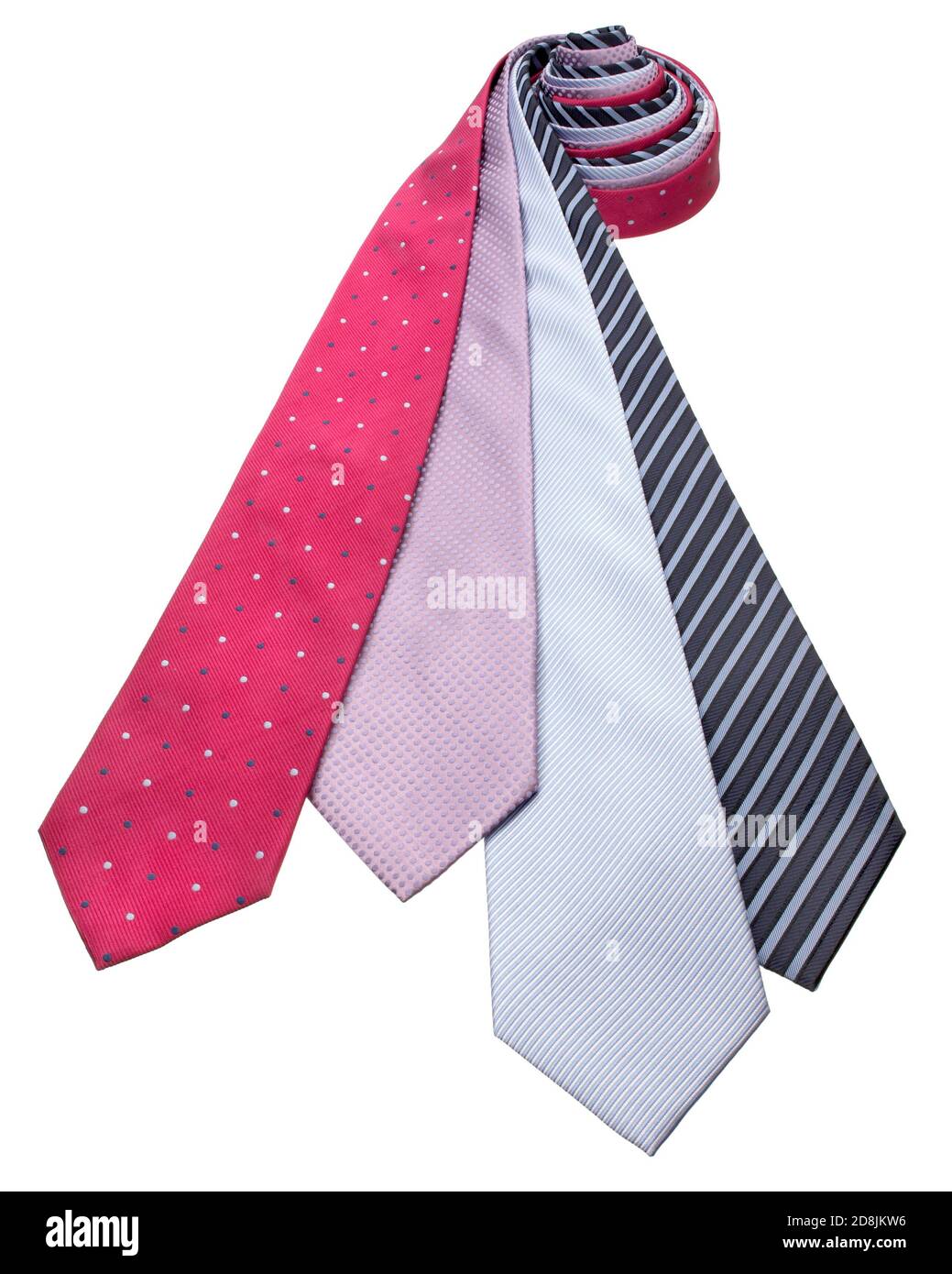 Set of four neckties coiled together photographed on a white background Stock Photo