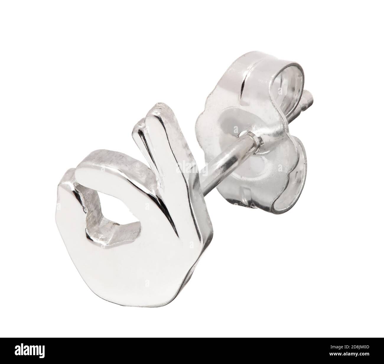Silver emoji 'OK' Hand gesture earring designed by Wendy Brandes photographed on a white background Stock Photo