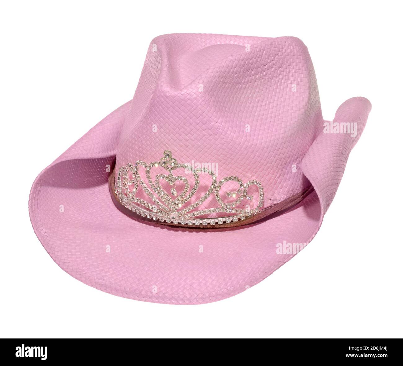 A pink, wide brim cowgirl hat with a 