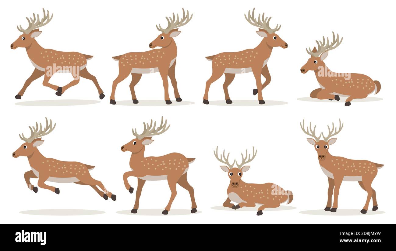 Set of cute cartoon deer with long horns, forest animals vector Stock Vector