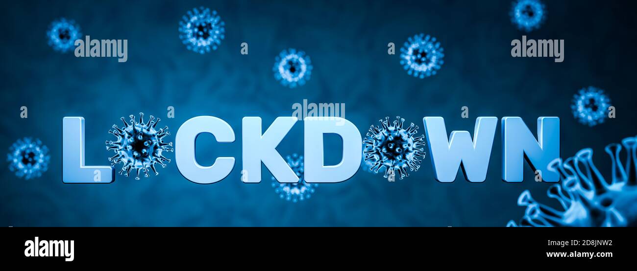 3D render: 'Lockdown' text with embedded and surrounding Corona viruses in blue color - Web banner size. Selective focus Stock Photo