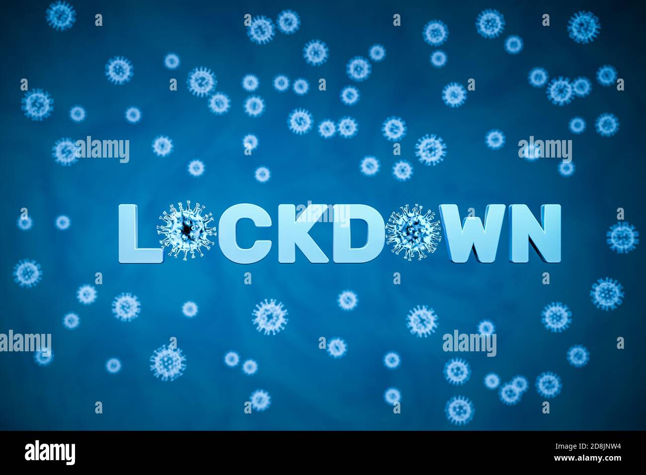 3D render: 'Lockdown' text with embedded and surrounding Corona viruses in blue color. Selective focus Stock Photo