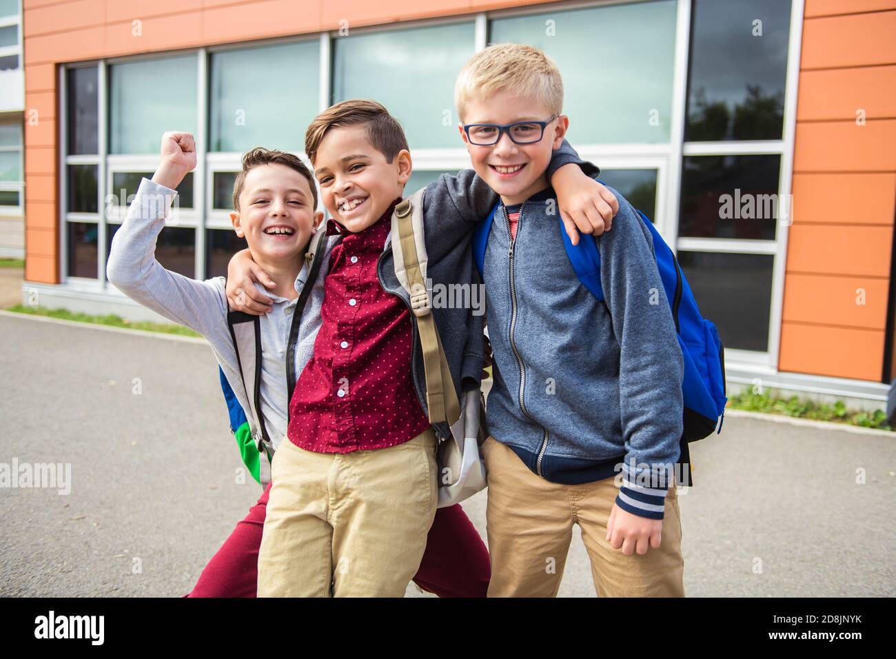group of kids on the school background having fun Stock Photo