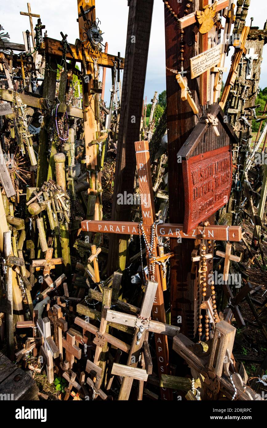 LITHUANIA, SIAULIAI, wooden crosses on the hill of crosses (Kryzio Kainas) an important place of pilgrimage Stock Photo