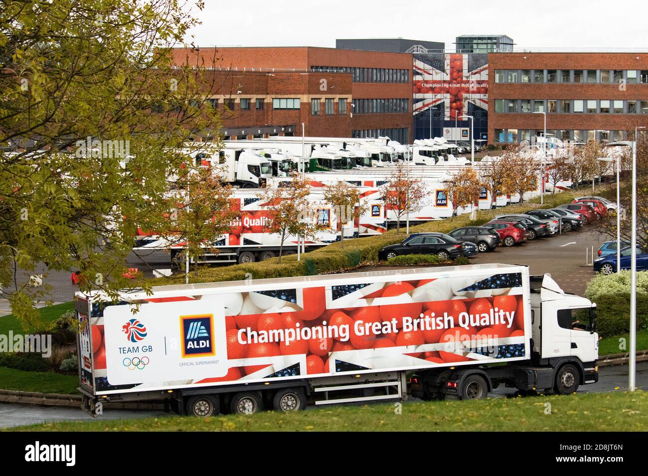 The Aldi UK HQ and main warehouse situated in Atherstone, North Warwickshire, England, UK. Stock Photo