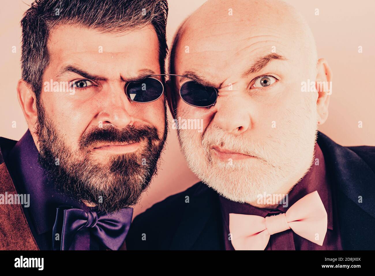Old father and son. Fathers day. Crazy emotions. Comical dad and son. Funny expression people. Daddy comic. Happiness together. Stock Photo