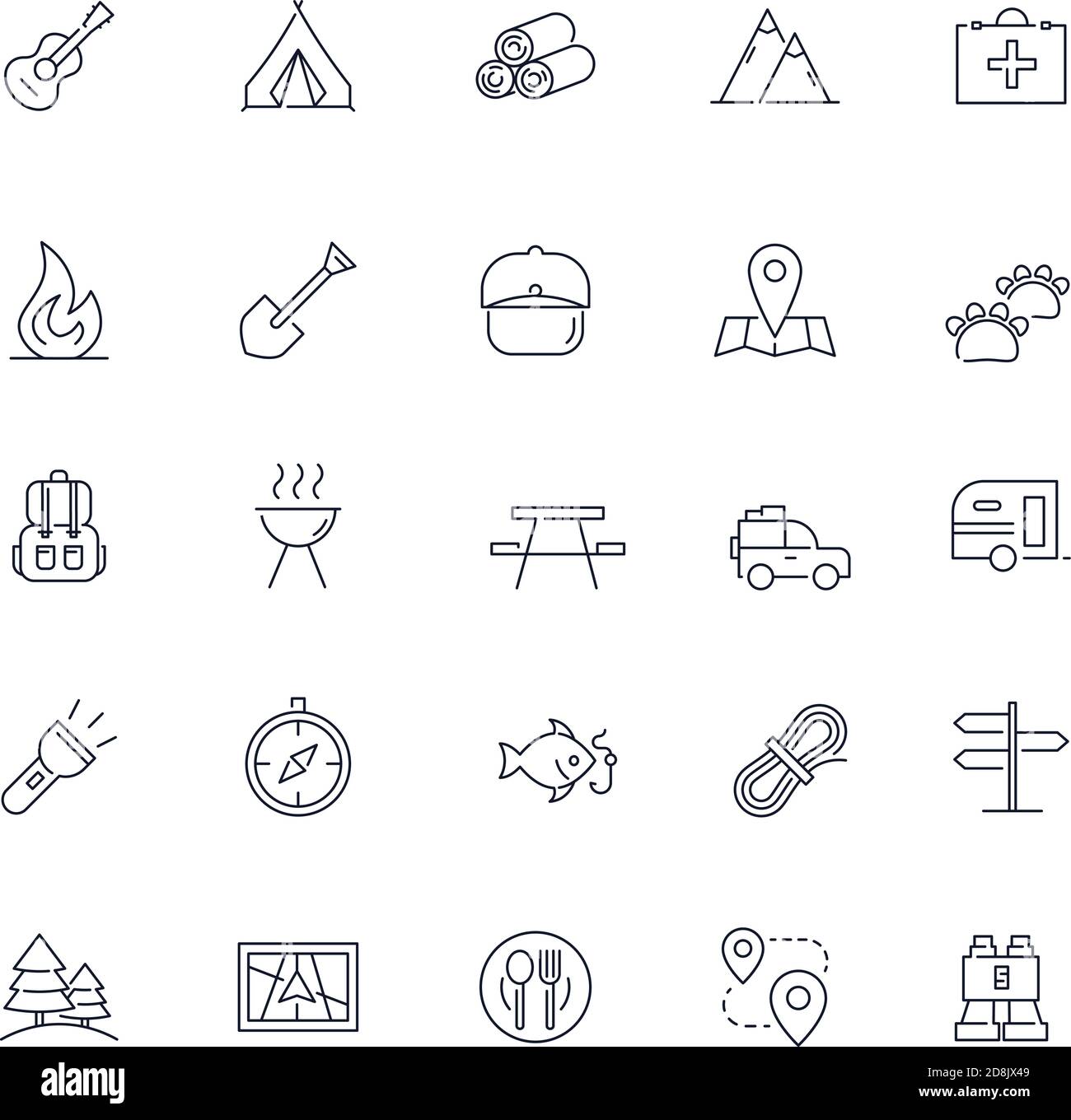 Line icons set. Camping pack. Vector illustration Stock Vector