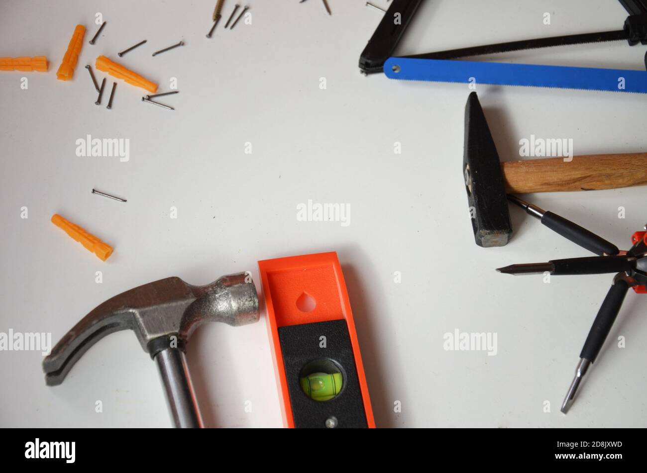 professional builder work with house renovation instruments on white background top view Stock Photo