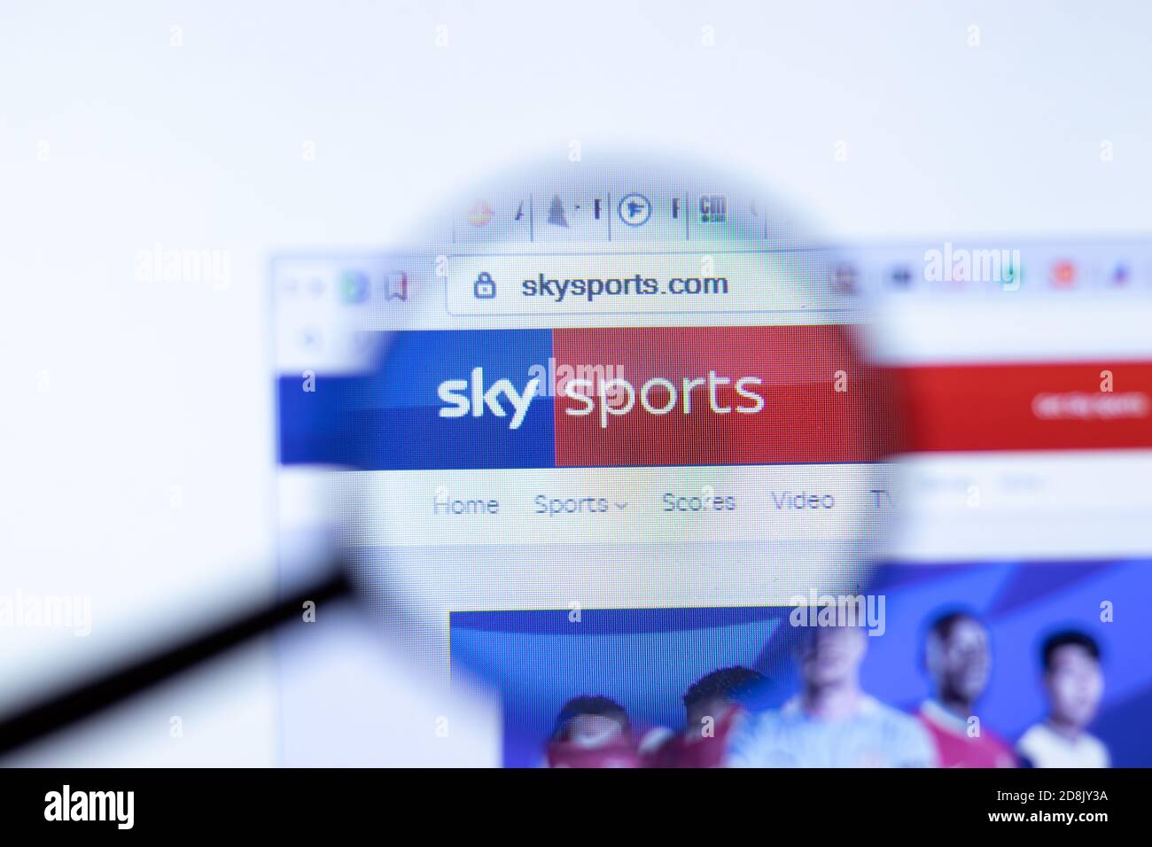 New York, USA - 29 September 2020: skysports.com Sky Sports company website with logo close up, Illustrative Editorial Stock Photo
