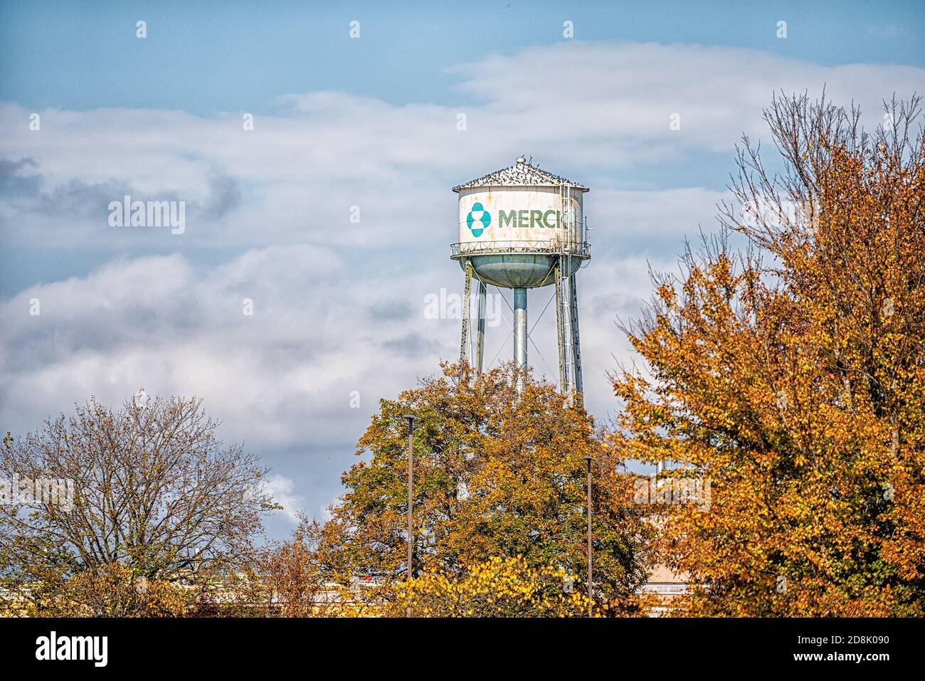 Elkton, USA October 27, 2020 Water tower with Merck manufacturing