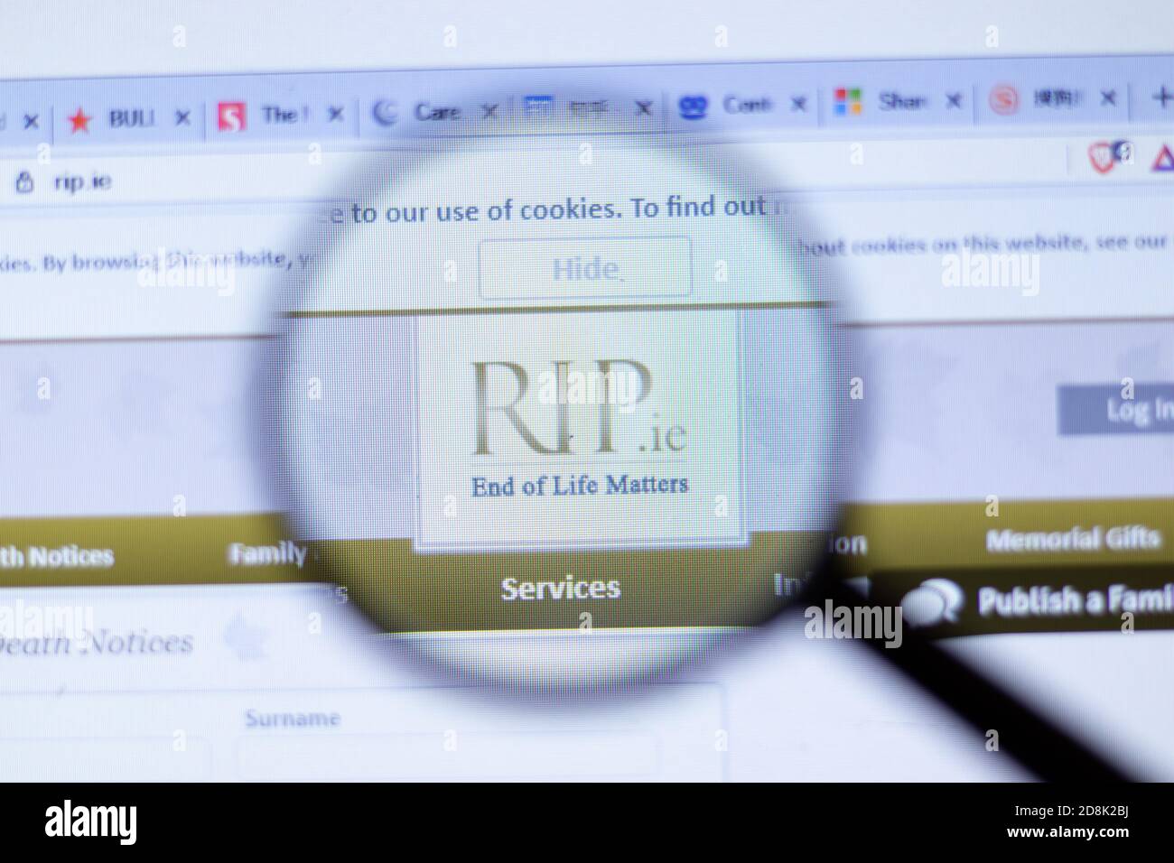 New York, USA - 29 September 2020: rip.ie RIP company website with logo close up, Illustrative Editorial Stock Photo