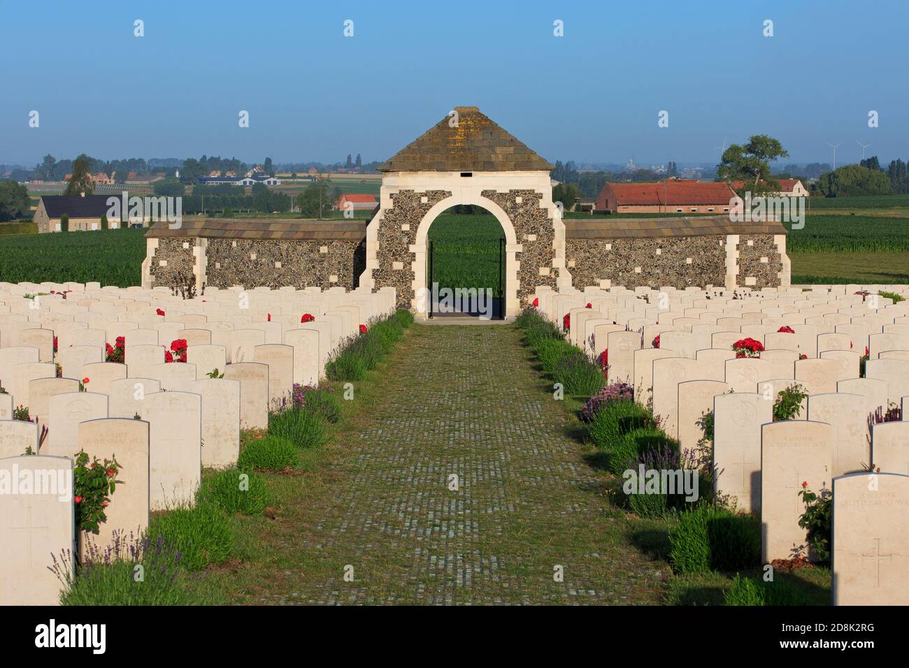 Main entrance to the Tyne Cot Cemetery (1914-1918), the largest cemetery for Commonwealth forces in the world, for any war, in Zonnebeke, Belgium Stock Photo