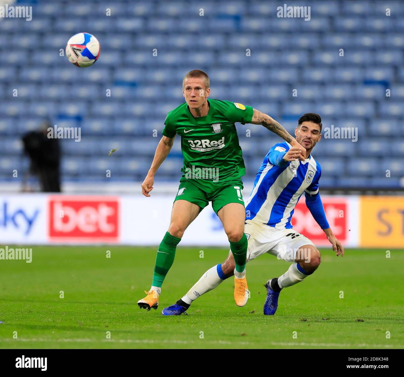 Emil Riis Jakobsen (19) of Preston North End moves away from Pipa (2) of Huddersfield Town Stock Photo