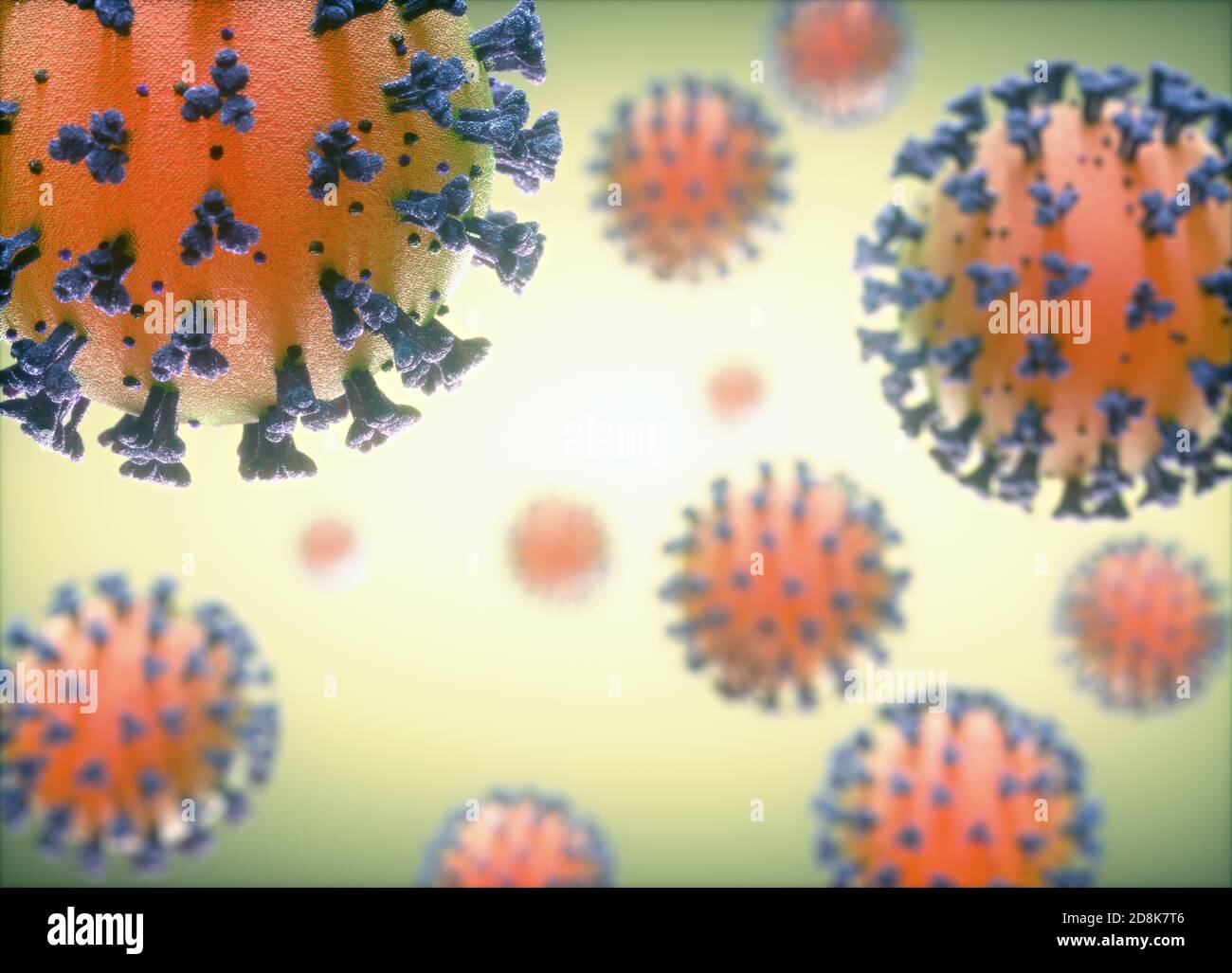 Covid-19 coronavirus particles, illustration. The new coronavirus SARS-CoV-2 (previously 2019-CoV) emerged in Wuhan, China, in December 2019. The virus causes a mild respiratory illness (Covid-19) that can develop into pneumonia and be fatal in some cases. The coronaviruses take their name from Stock Photo