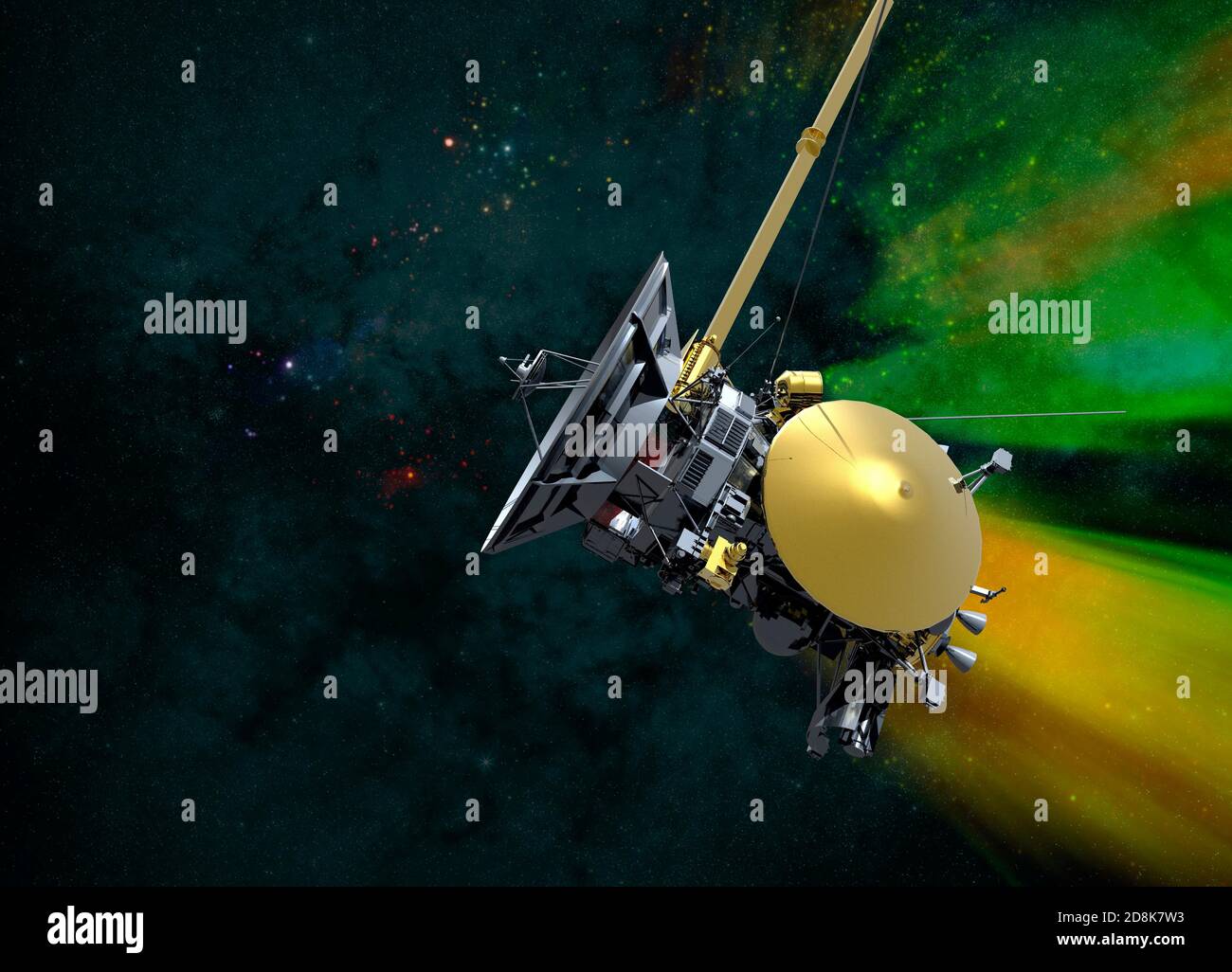 Illustration of the Cassini spacecraft. The Cassini spacecraft launched from Earth in 1997. It arrived at Saturn in 2004, spending the next 13 years surveying the Saturnian system (planet, moons and rings). It returned many images and observations, making many new discoveries. Its mission ended Stock Photo