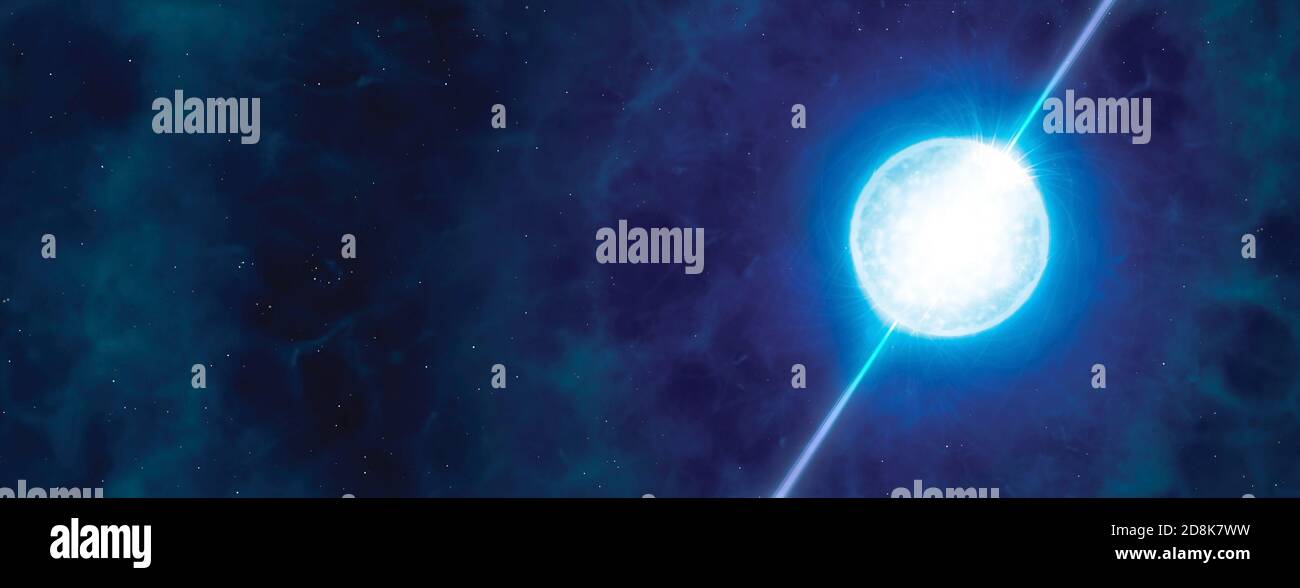 Artwork of a pulsar. Pulsars are very rapidly spinning neutron stars â€“ the dead cores of massive stars â€“ rotating on their axes often hundreds of times every second. Radio and optical beams of radiation, emitted from the pulsar's magnetic poles, flash across our line of sight and the star Stock Photo