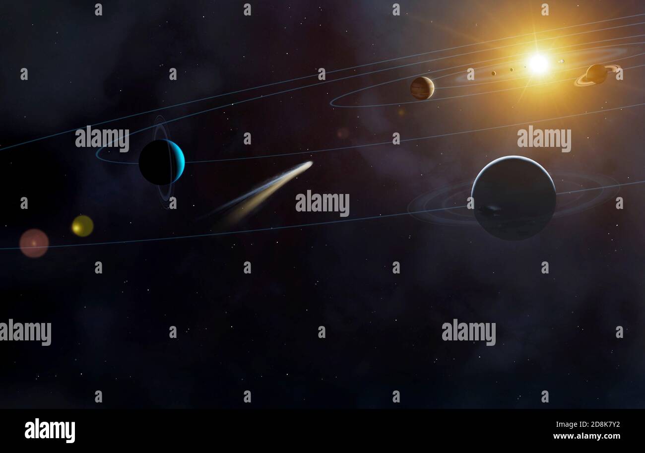 Solar system. Artwork of the outer solar system as seen from the orbit of Neptune (lower right), the outermost of the gas giant planets. The inner planets (including Earth) are hidden in the glare of the Sun (yellow, upper right). Uranus (centre left) is next in towards the Sun from Neptune, Stock Photo