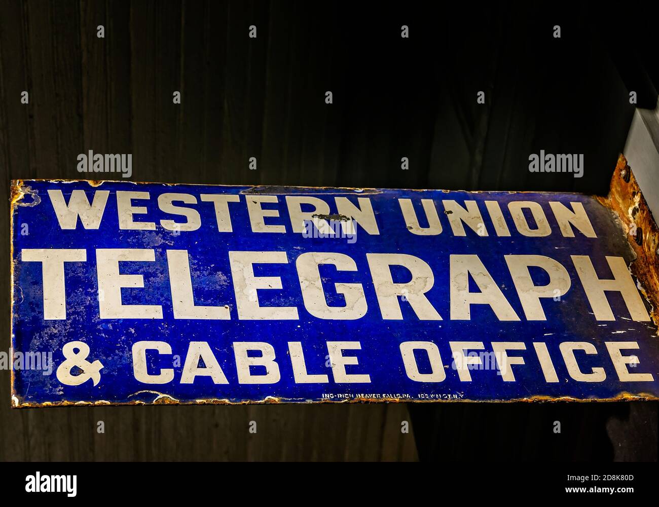 A vintage western Union Telegram and Cable Office sign hangs outside Citronelle Depot Museum, Oct. 29, 2020, in Citronelle, Alabama. Stock Photo