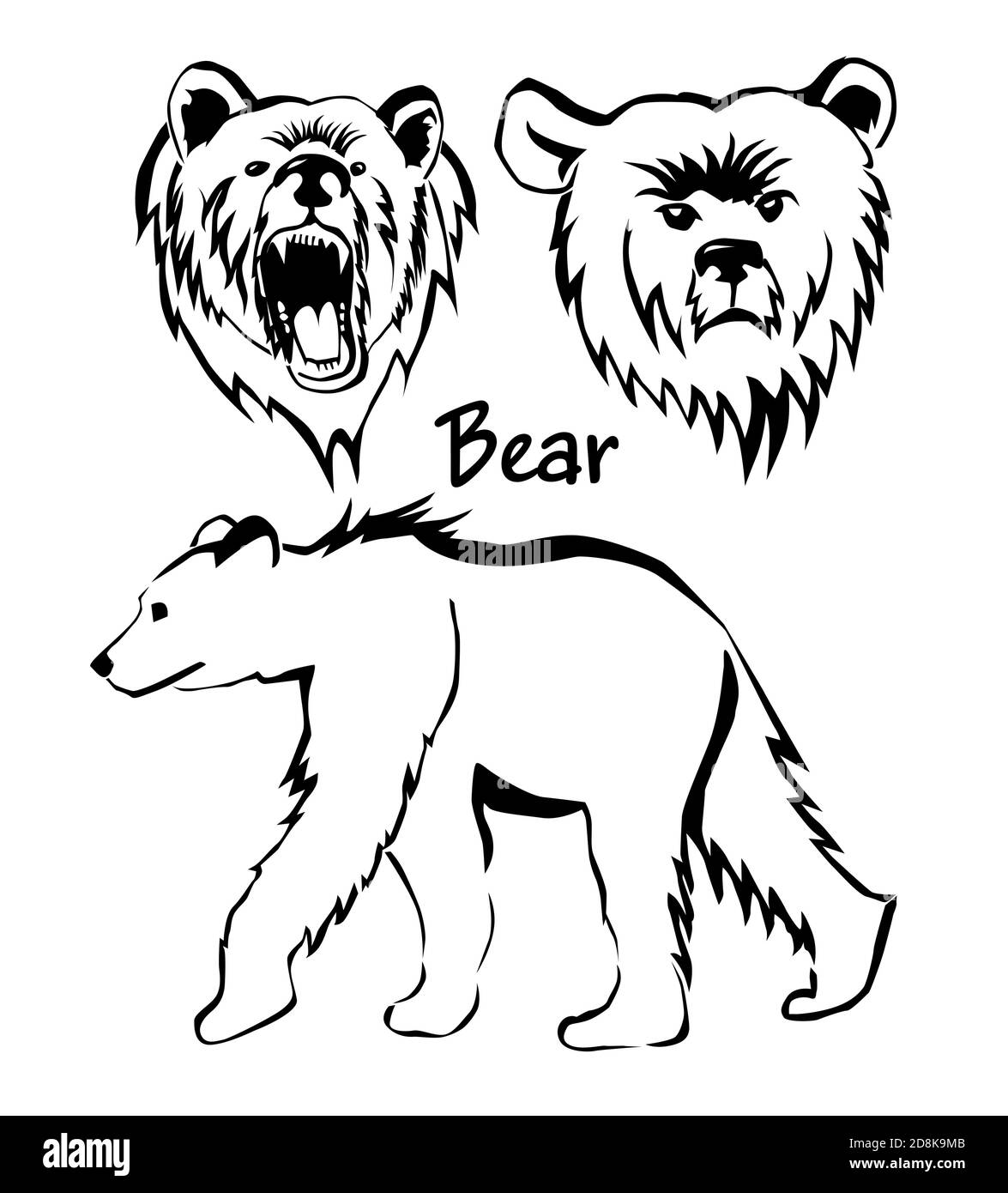 Set of monochrome drawings of a bear. Vector illustration Stock Vector