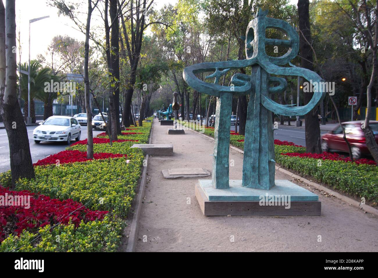 Mexico City, Mexico - 2020: View of sculptures at the median of the Paseo de la Reforma (Promenade of the Reform) avenue, which runs diagonally across Stock Photo
