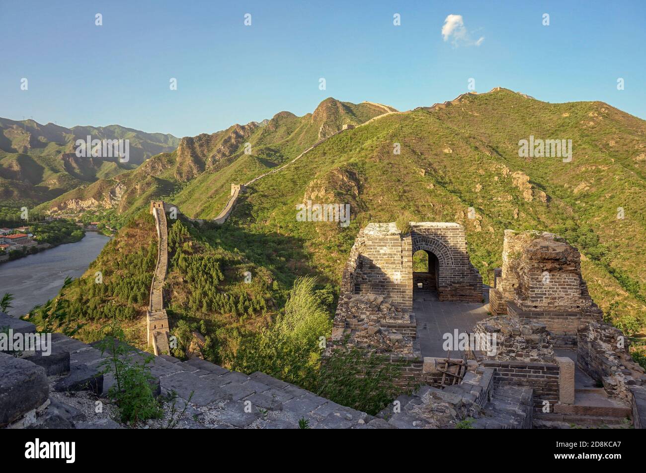 Part of the Great Wall of China with stairs. Bastion ruins Stock Photo