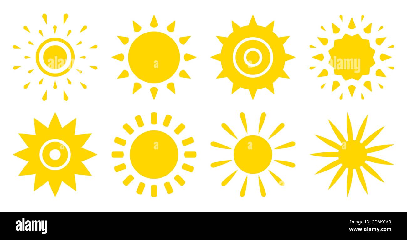 Set of sun flat cartoon icons. Abstract different shape summer symbol. Simple banner template decorative element for logo. Sign morning, weather, spring season. Isolated on white vector illustration Stock Vector
