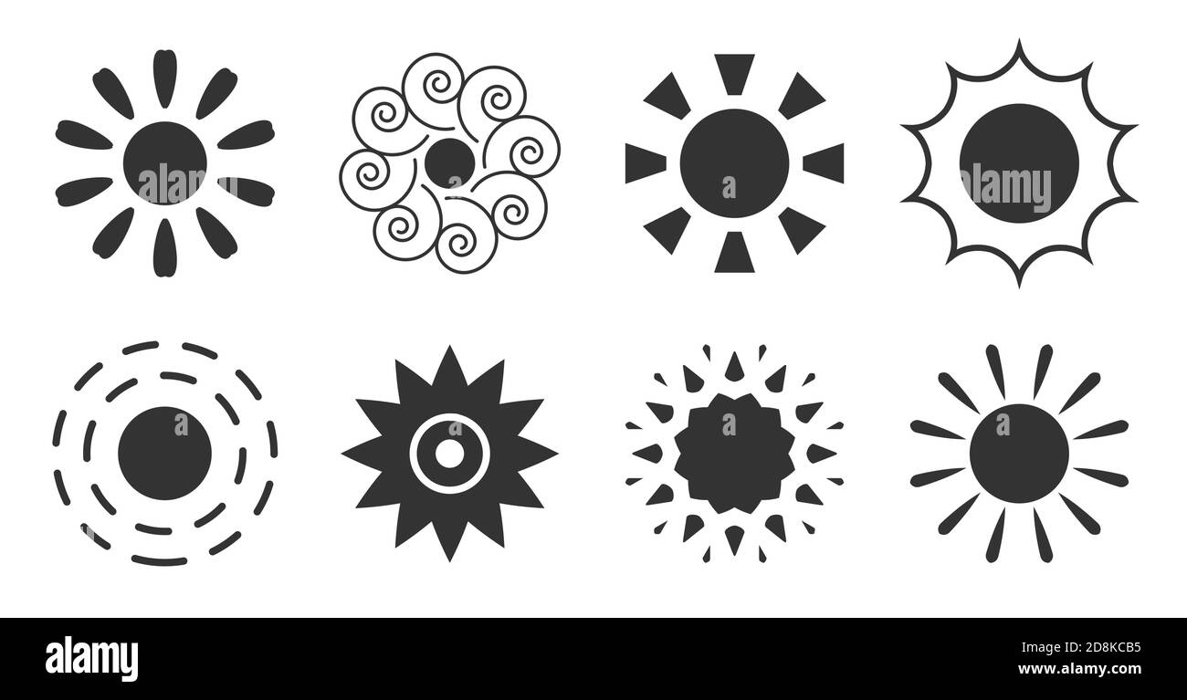 Glyph sun icons set. Simple black silhouette sign warm summer morning. Graphic symbol weather pictogram with ray. Logo design template for meteorology web app. Isolated on white vector illustration Stock Vector