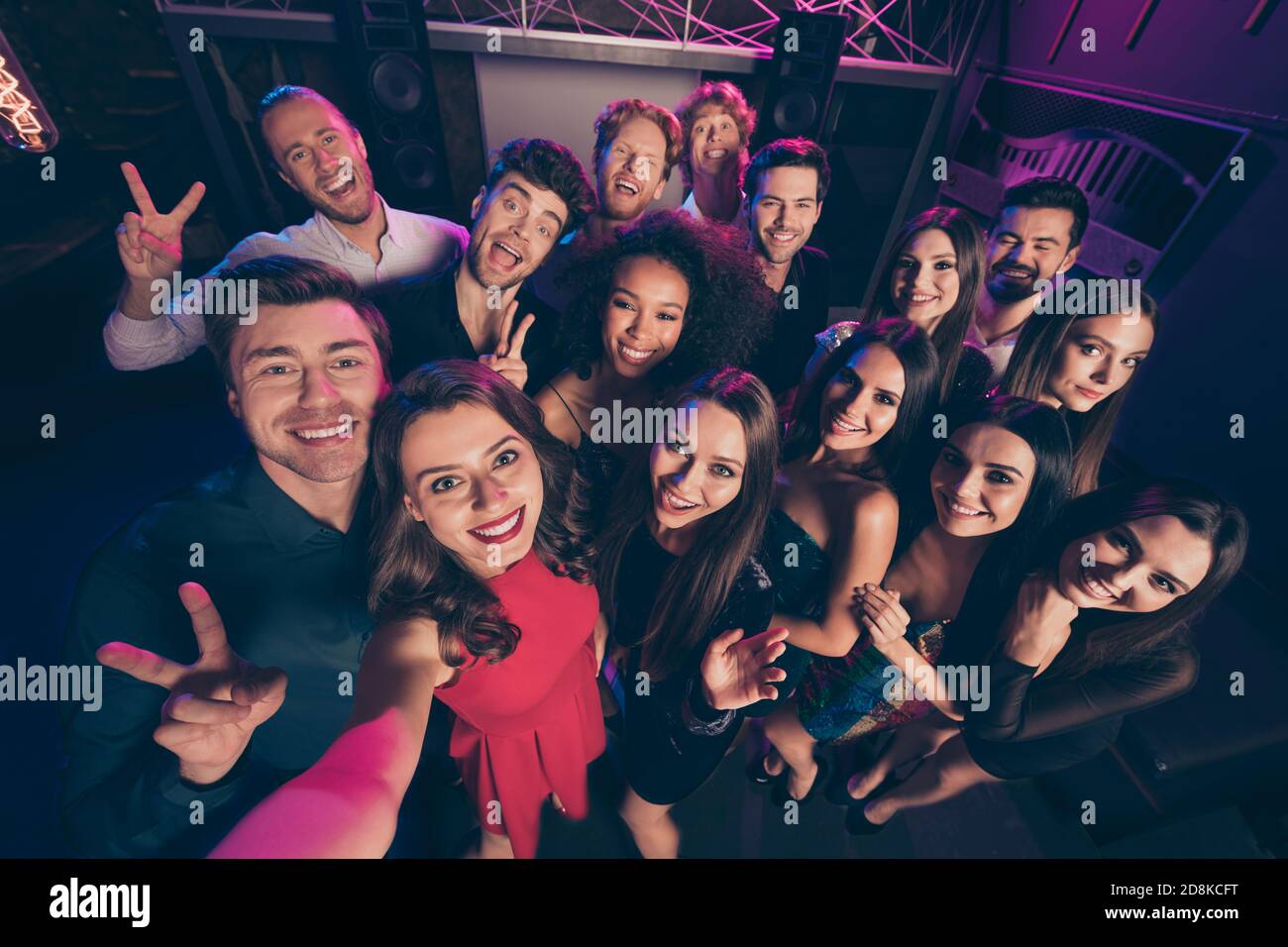 Self Portrait Of Nice Beautiful Handsome Cheerful Friends Showing V Sign Having Fun Relax Chill In Dark Night Music Club Indoors Stock Photo Alamy