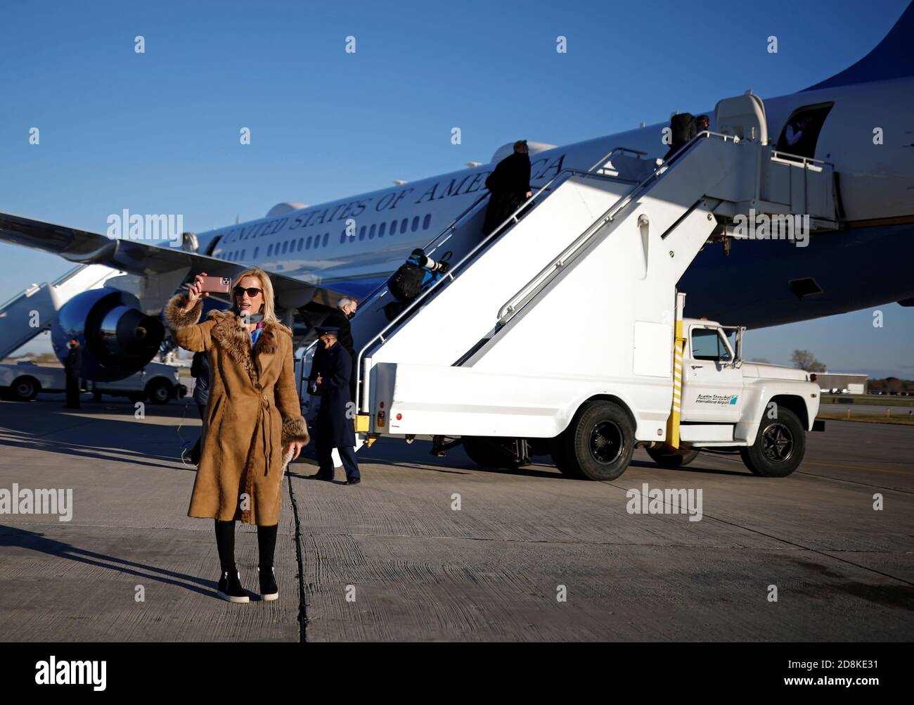 Laura Ingraham, TV host in Fox News, is seen before boarding Air Force One after attending a campaign rally for U.S. President Donald Trump at Green Bay Austin Straubel International Airport in Green Bay, Wisconsin, U.S., October 30, 2020. REUTERS/Carlos Barria Stock Photo