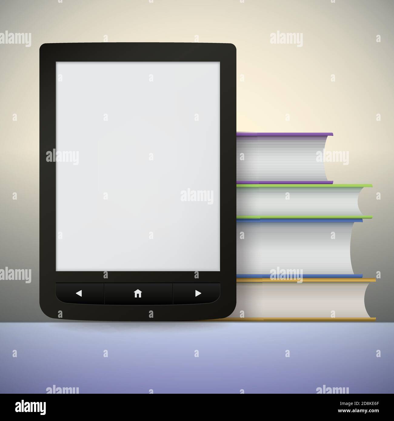 Electronic book reader with a stack of books. You may add your own text